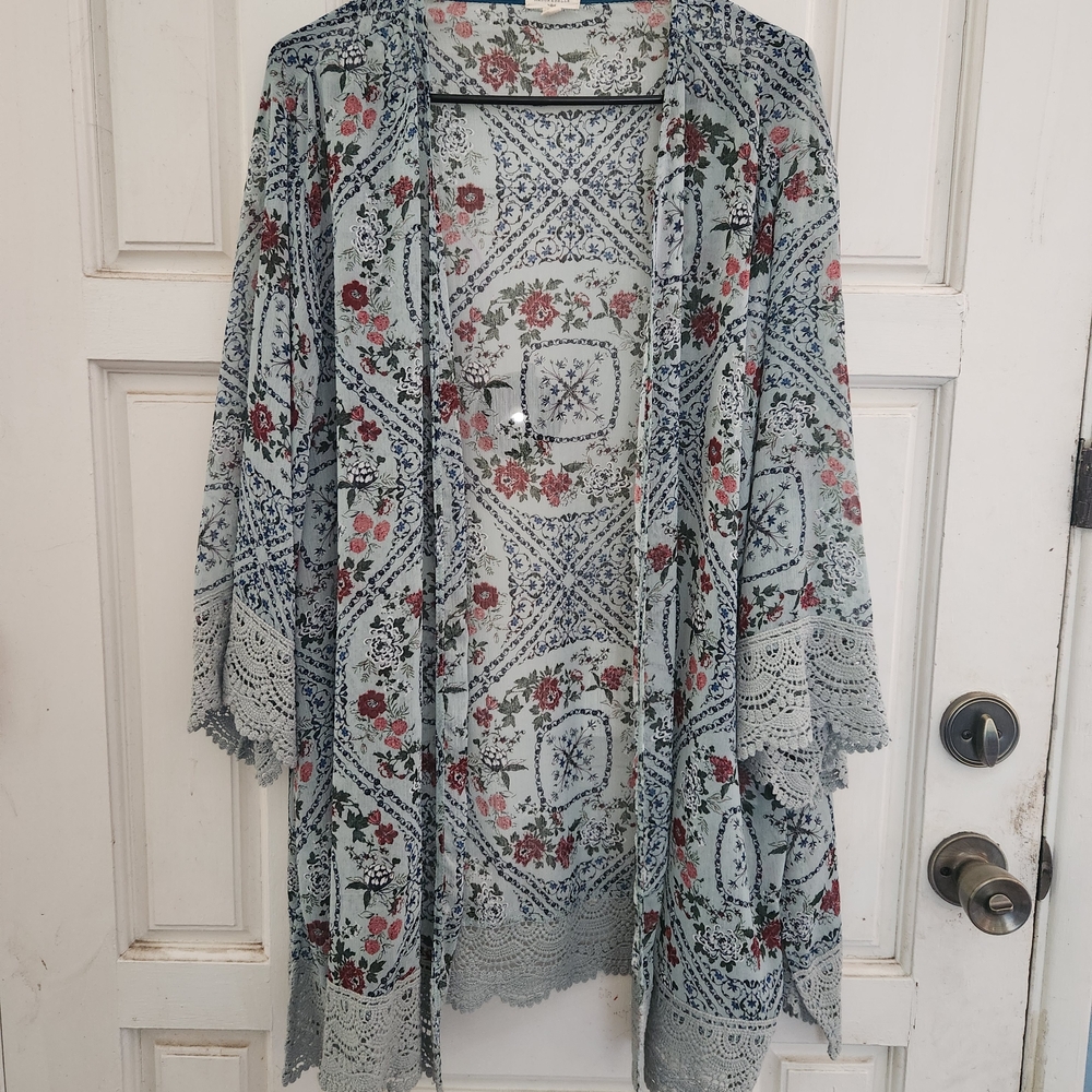 Floral Lace Trim Kimono Jacket